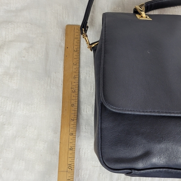 Navy blue shoulder bag long strap short handle satchel gold accents grandma chic - Picture 10 of 11